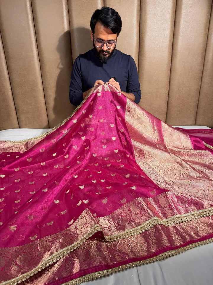 Rani Pink Tissue Silk Designer Lace Work Banarasi Saree