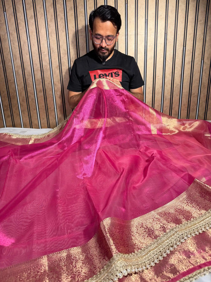 Rani Pink Tissue Silk Designer Lace Work Banarasi Saree