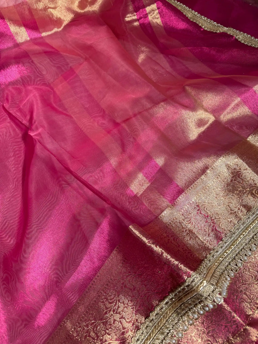 Rani Pink Tissue Silk Designer Lace Work Banarasi Saree