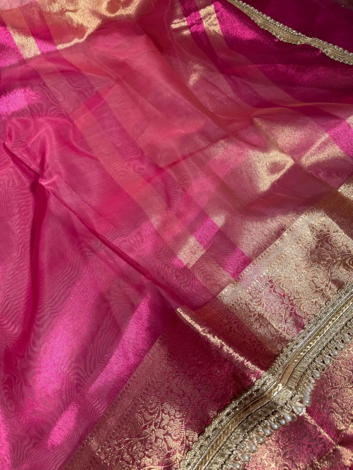 Rani Pink Tissue Silk Designer Lace Work Banarasi Saree