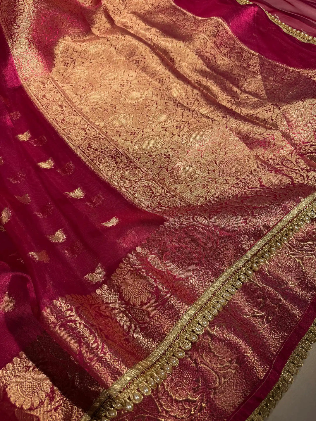Rani Pink Tissue Silk Designer Lace Work Banarasi Saree