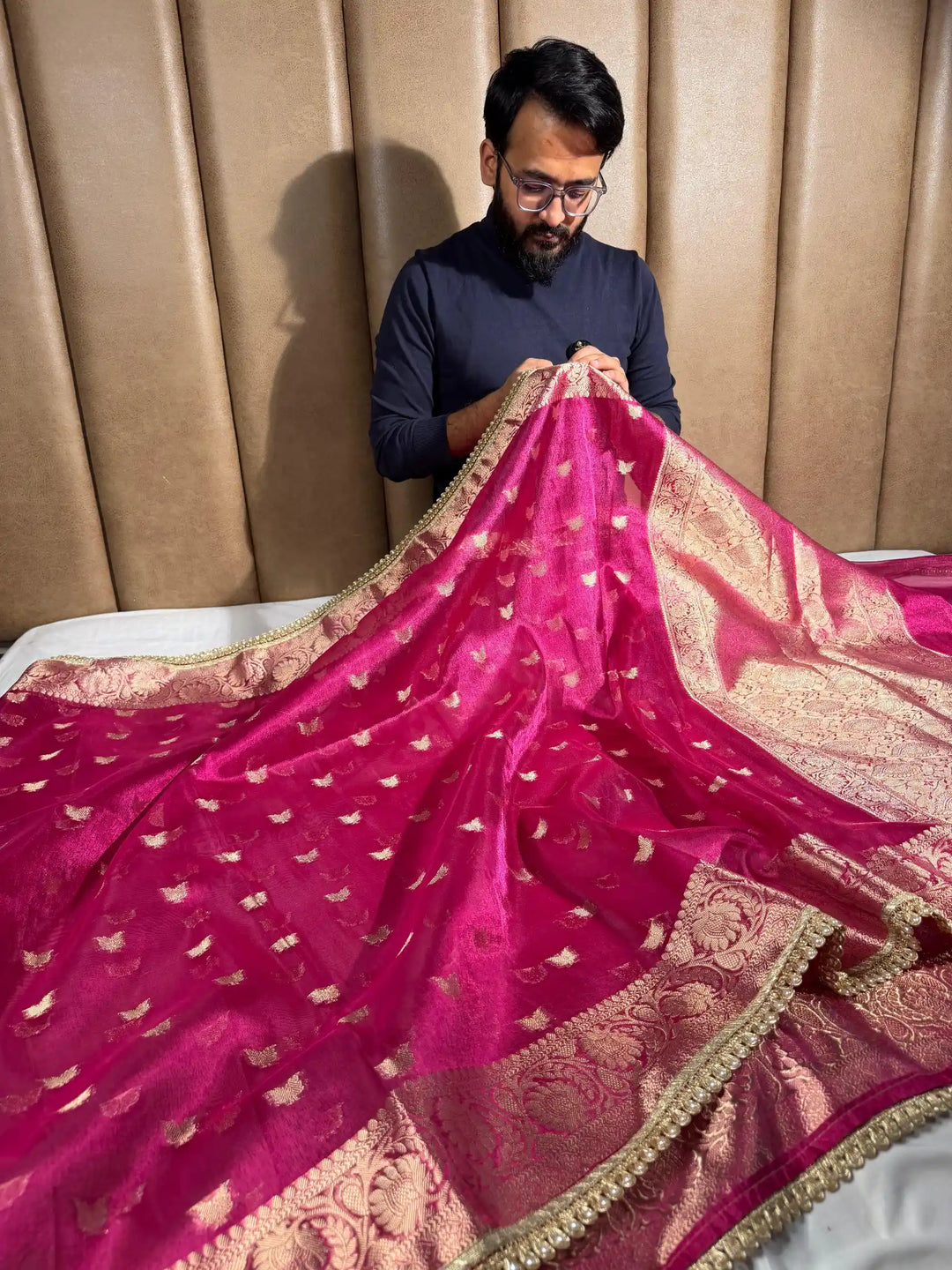 Rani Pink Tissue Silk Designer Lace Work Banarasi Saree