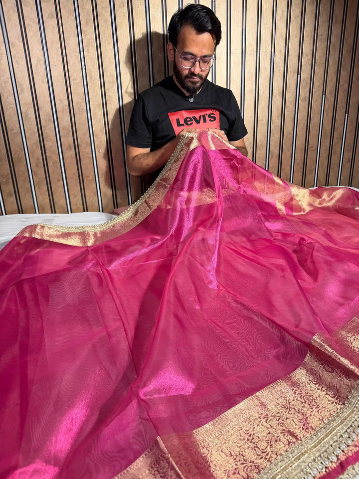 Rani Pink Tissue Silk Designer Lace Work Banarasi Saree