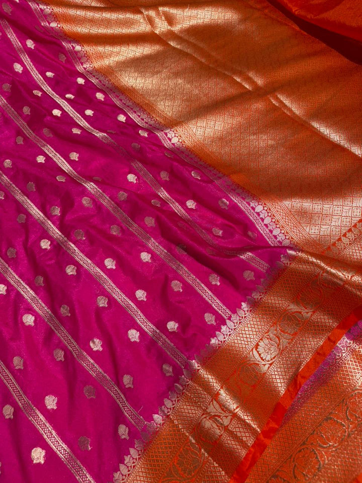 Rani Pink with Contrast Orange Borders Chinia Silk Banarasi Saree