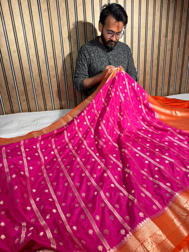 Rani Pink with Contrast Orange Borders Chinia Silk Banarasi Saree