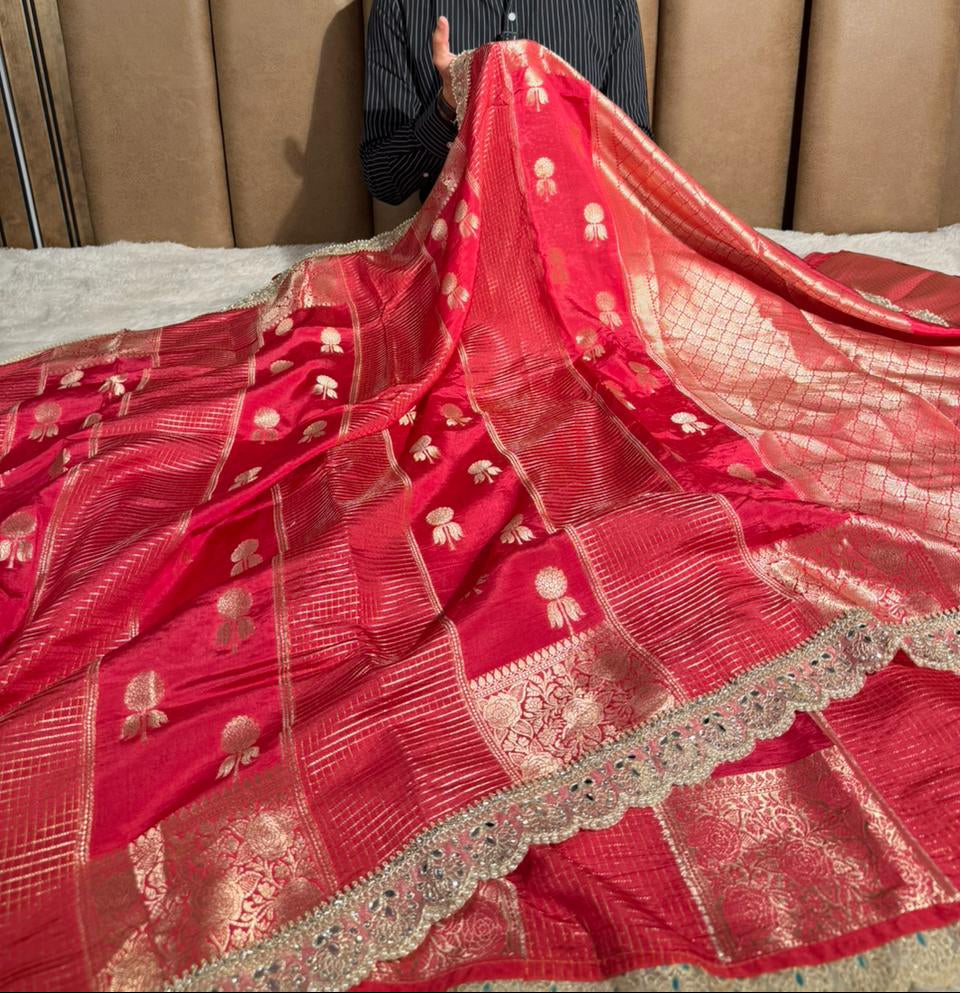 Rani Premium Dupion Silk Lace Work Banarasi Saree
