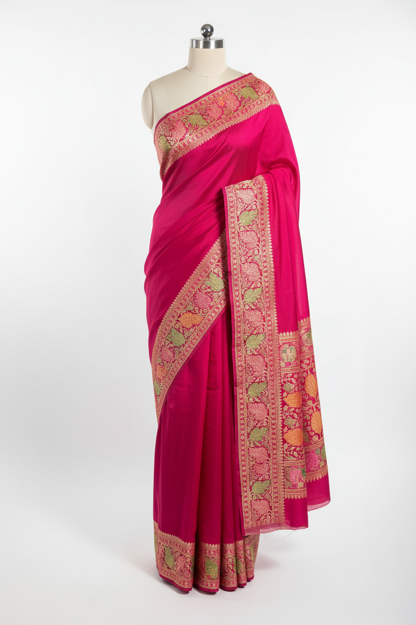 Rani Pink Banarasi Georgette Silk Golden Zari Border & Floral Motifs Saree