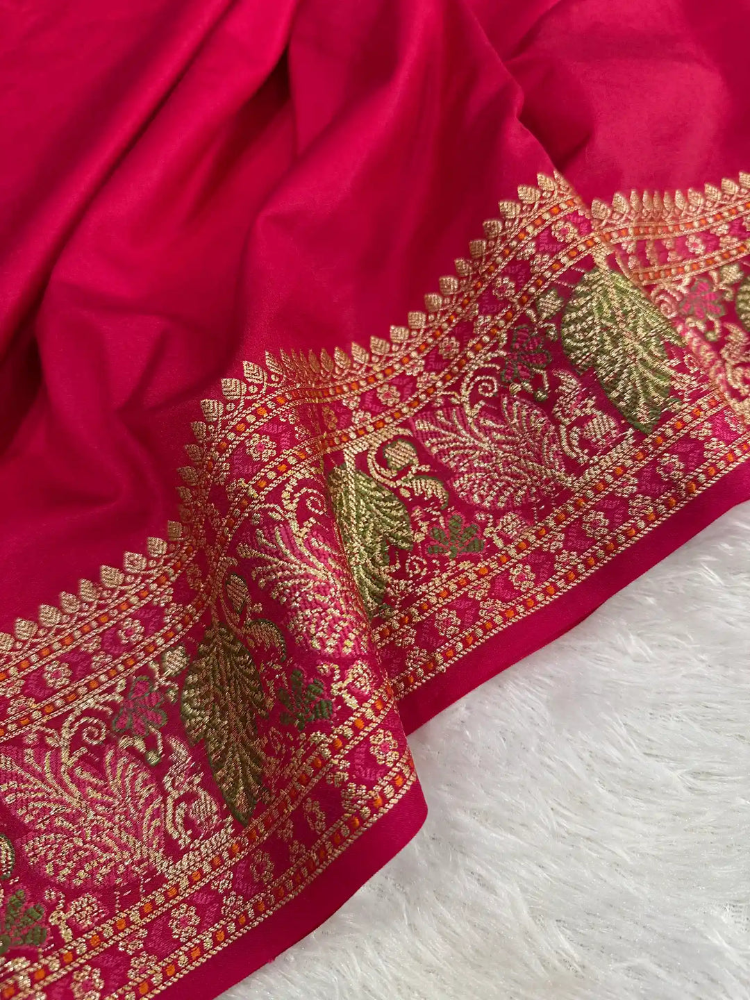Rani Pink Banarasi Georgette Silk Golden Zari Border & Floral Motifs Saree