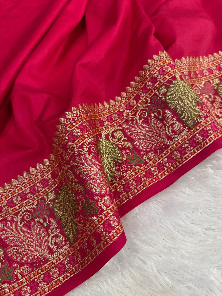 Rani Pink Banarasi Georgette Silk Golden Zari Border & Floral Motifs Saree
