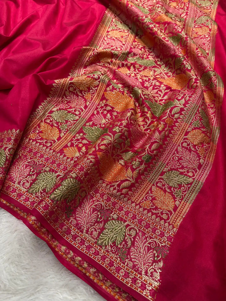Rani Pink Banarasi Georgette Silk Golden Zari Border & Floral Motifs Saree