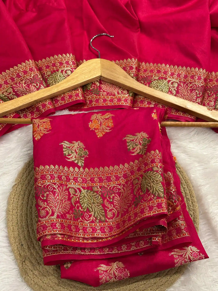 Rani Pink Banarasi Georgette Silk Golden Zari Border & Floral Motifs Saree