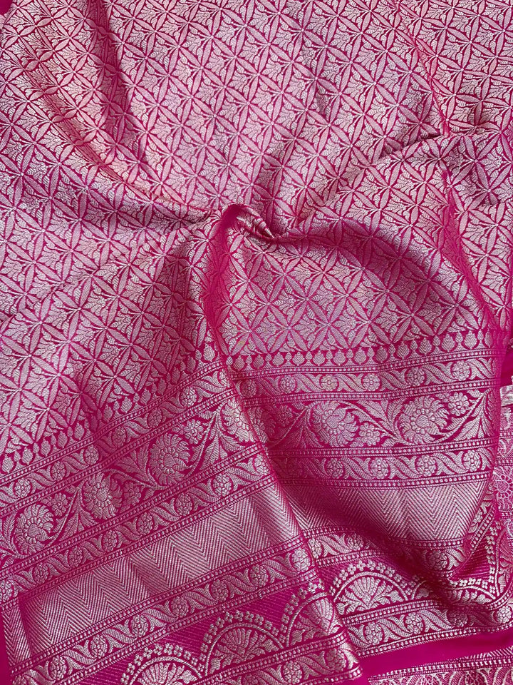 Rani Pink Exclusive Floral Jaal Crepe Georgette Banarasi Saree