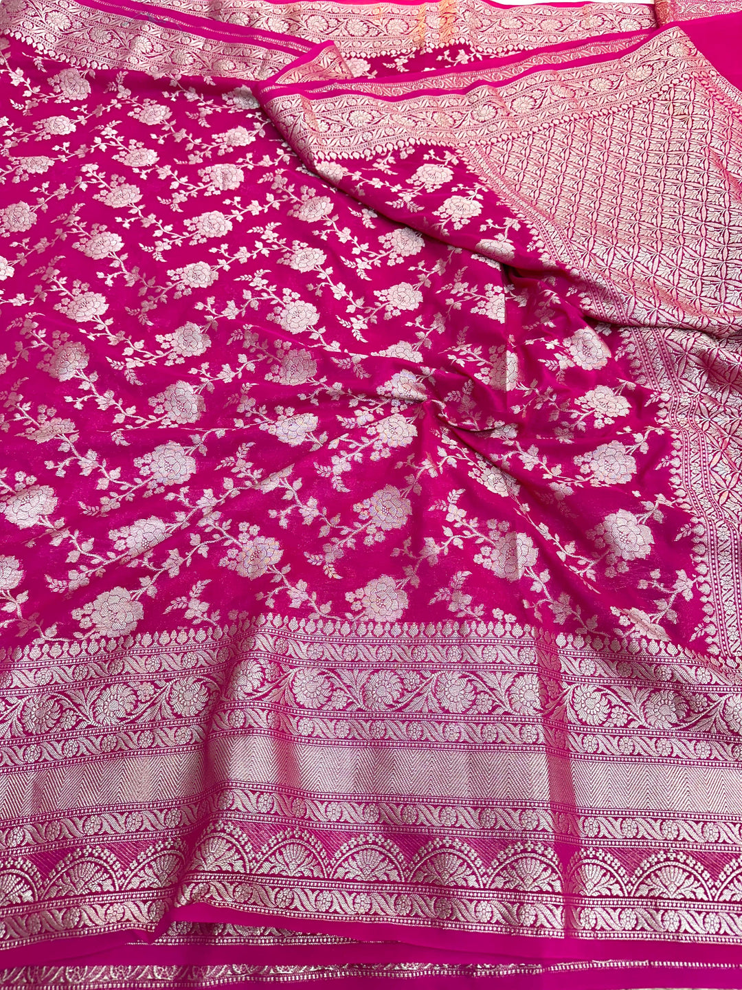 Rani Pink Exclusive Floral Jaal Crepe Georgette Banarasi Saree