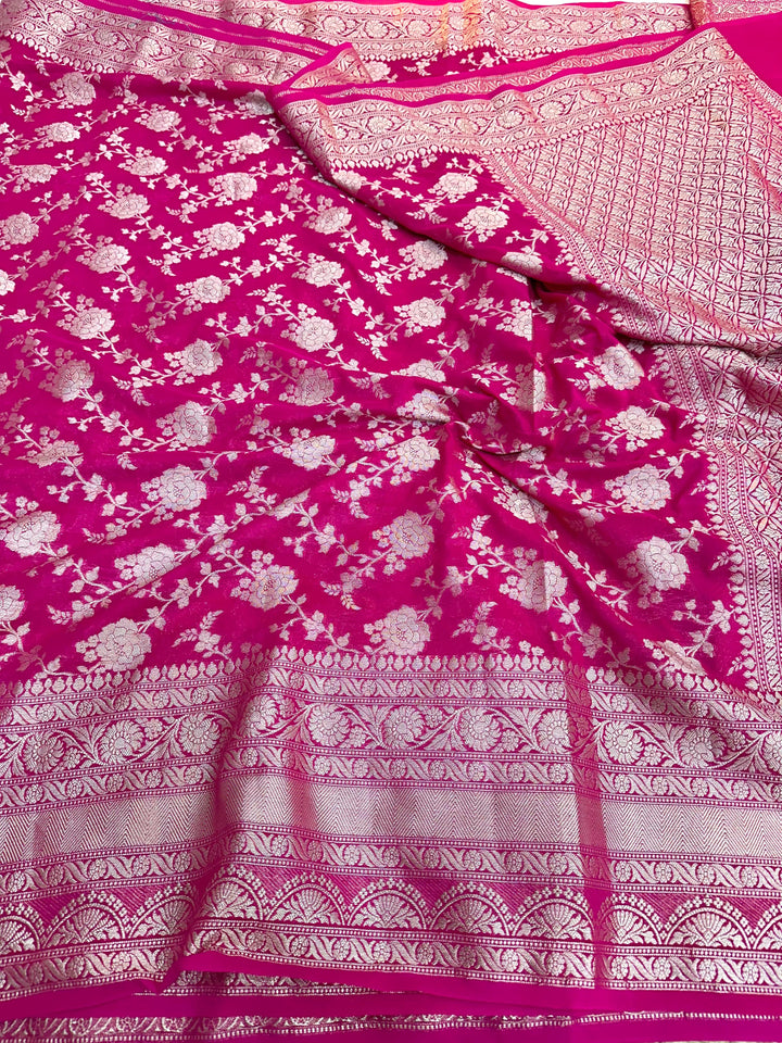 Rani Pink Exclusive Floral Jaal Crepe Georgette Banarasi Saree