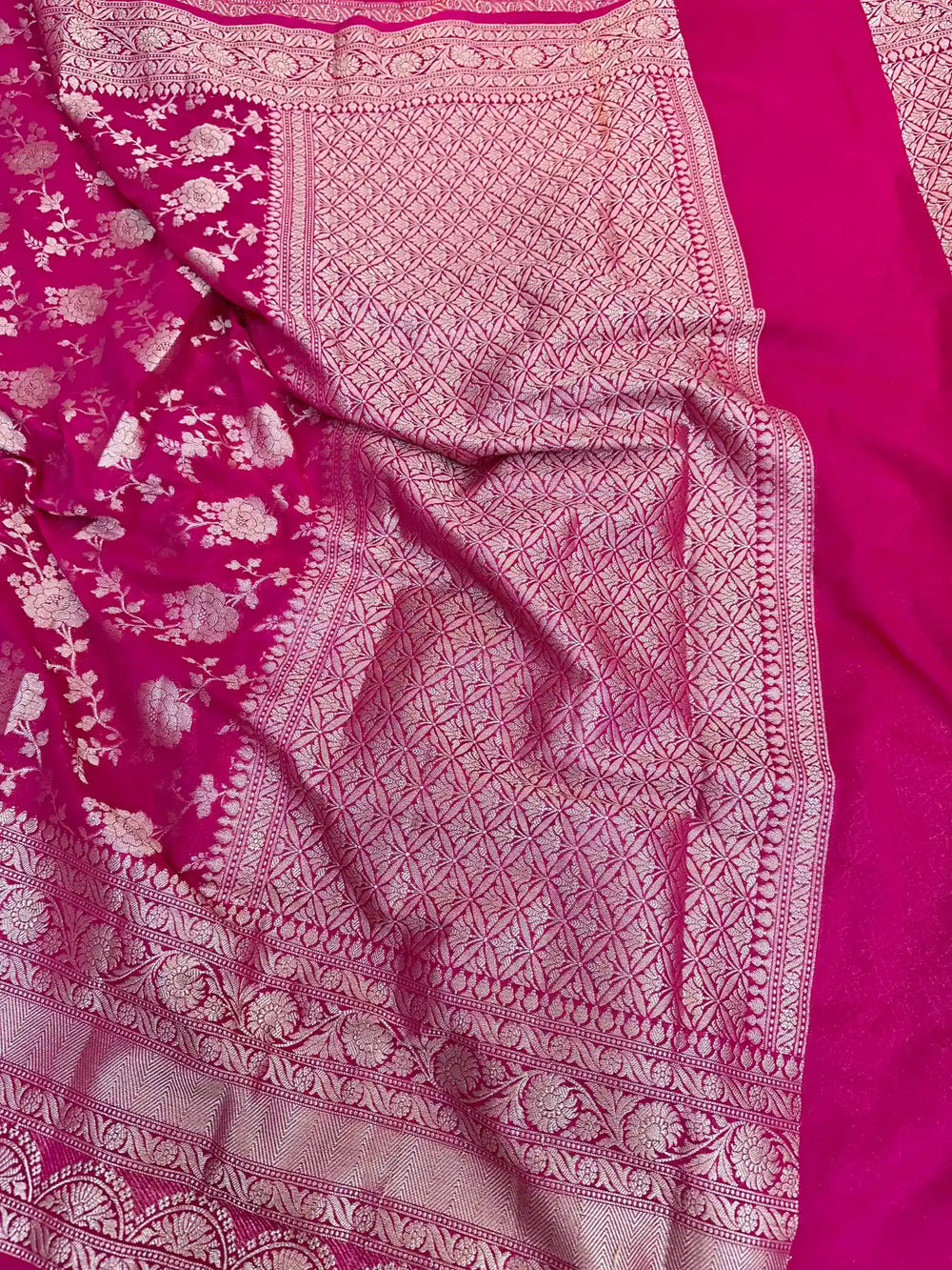 Rani Pink Exclusive Floral Jaal Crepe Georgette Banarasi Saree