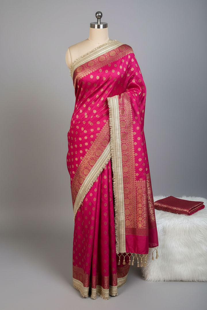 Rani Pink Georgette Silk Khaddi Buti Lace Work Banarasi Saree