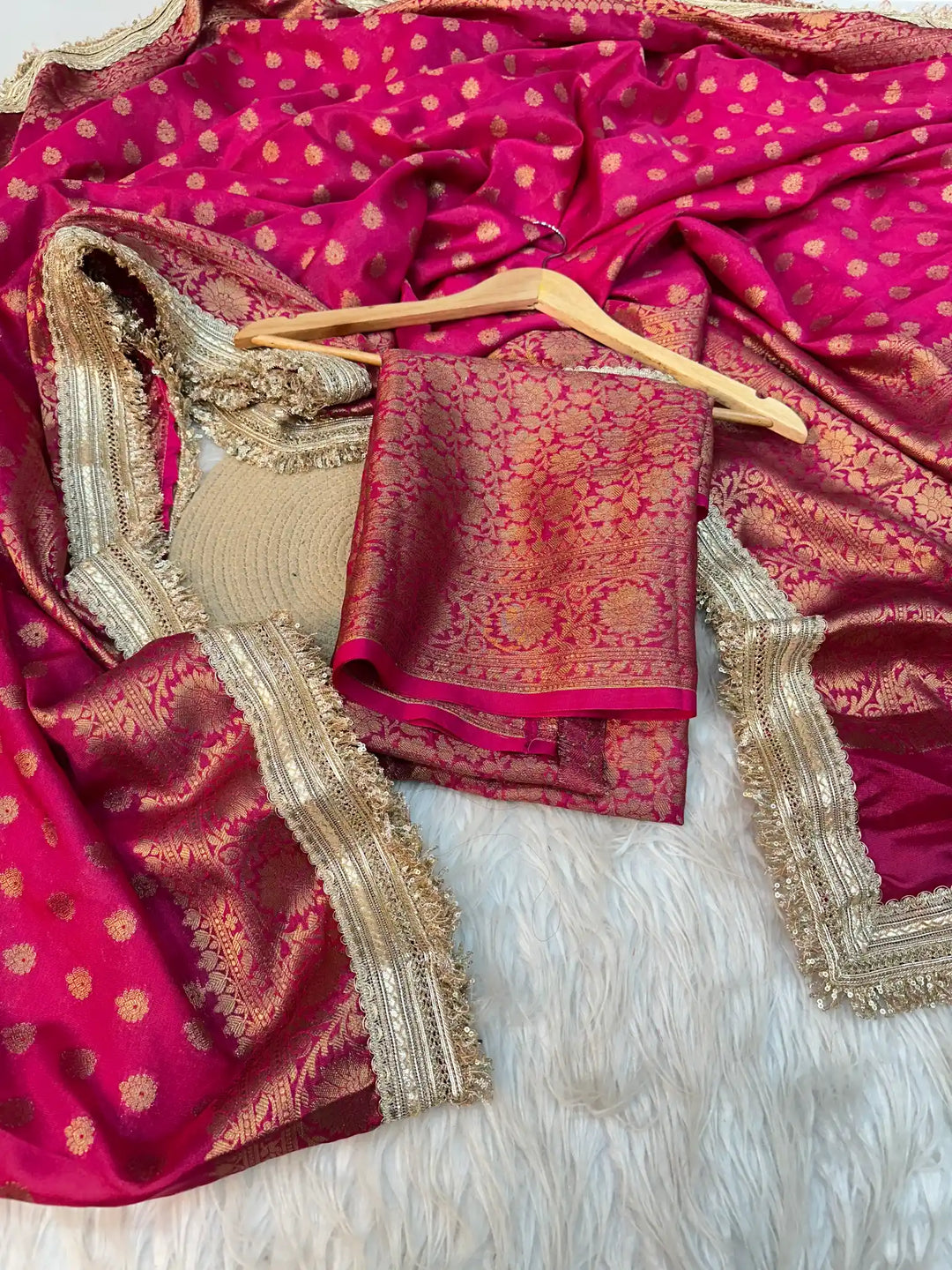 Rani Pink Georgette Silk Khaddi Buti Lace Work Banarasi Saree