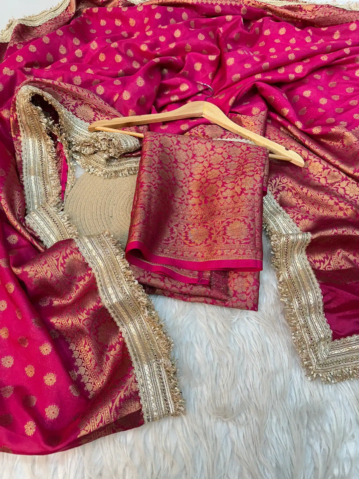 Rani Pink Georgette Silk Khaddi Buti Lace Work Banarasi Saree