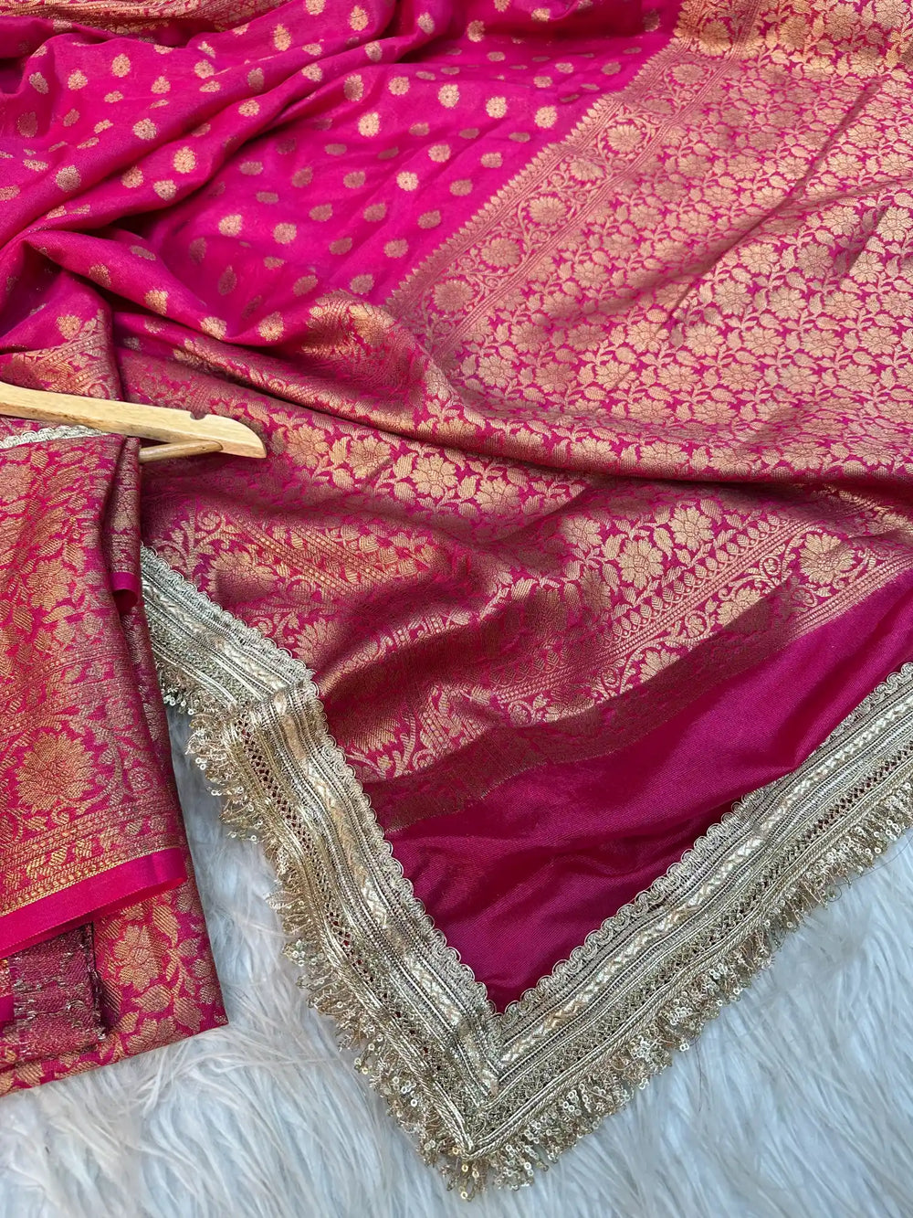 Rani Pink Georgette Silk Khaddi Buti Lace Work Banarasi Saree
