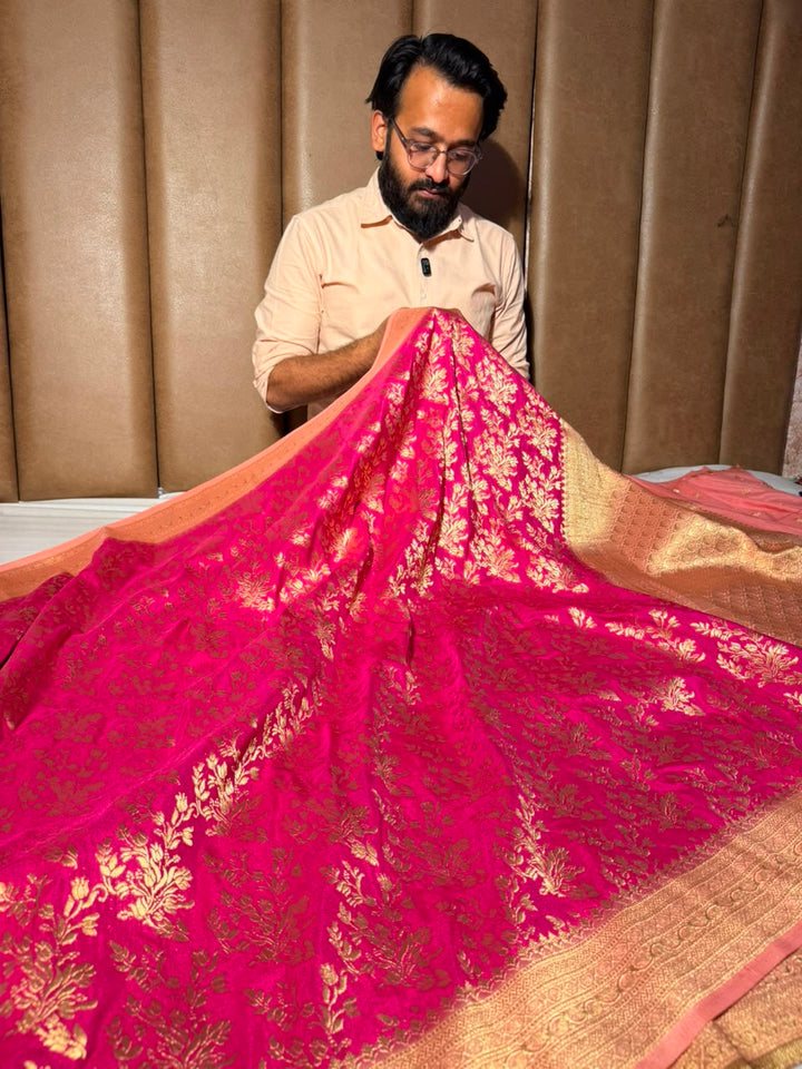 Rani Pink Grand Jaal Weave Soft Georgette Banarasi Saree