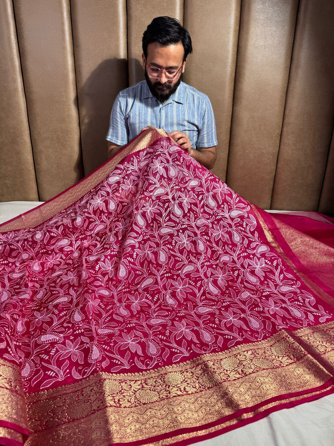 Rani Pink Organza Silk Chikankari Work Banarasi Saree