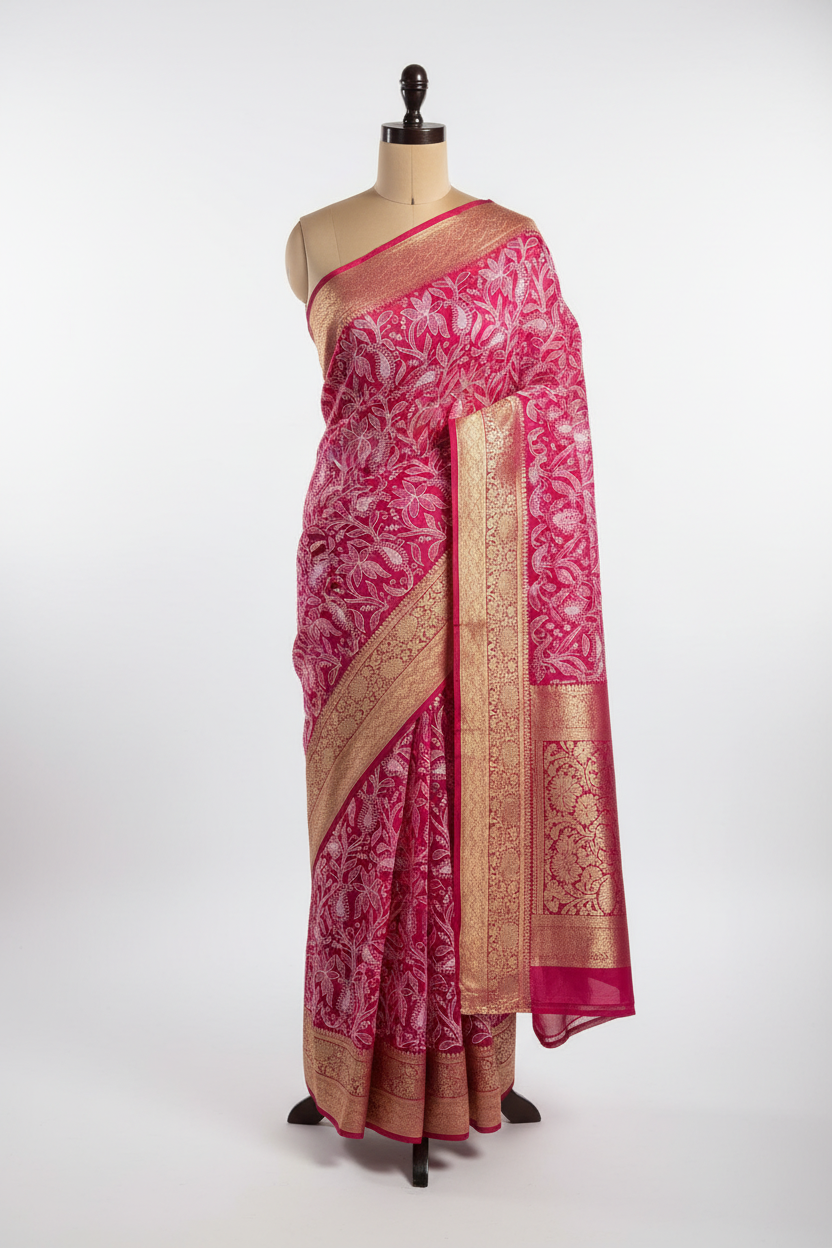 Rani Pink Organza Silk Chikankari Work Banarasi Saree