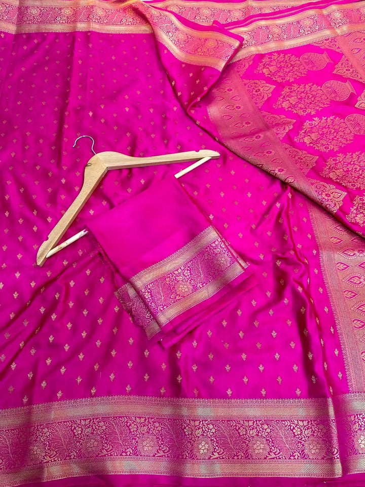Rani Pink Satin Crepe Silk Zari Motifs Banarasi Saree