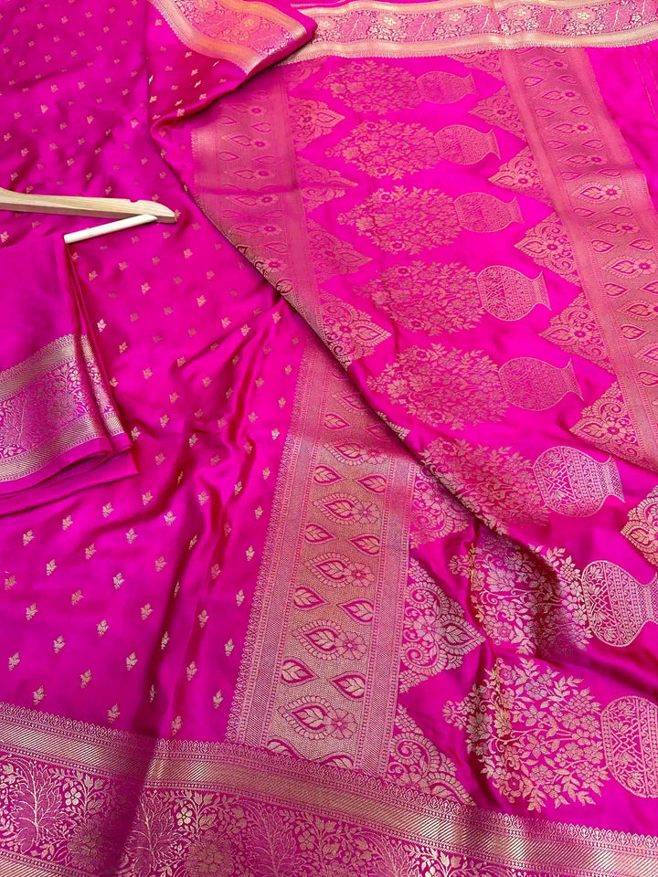 Rani Pink Satin Crepe Silk Zari Motifs Banarasi Saree