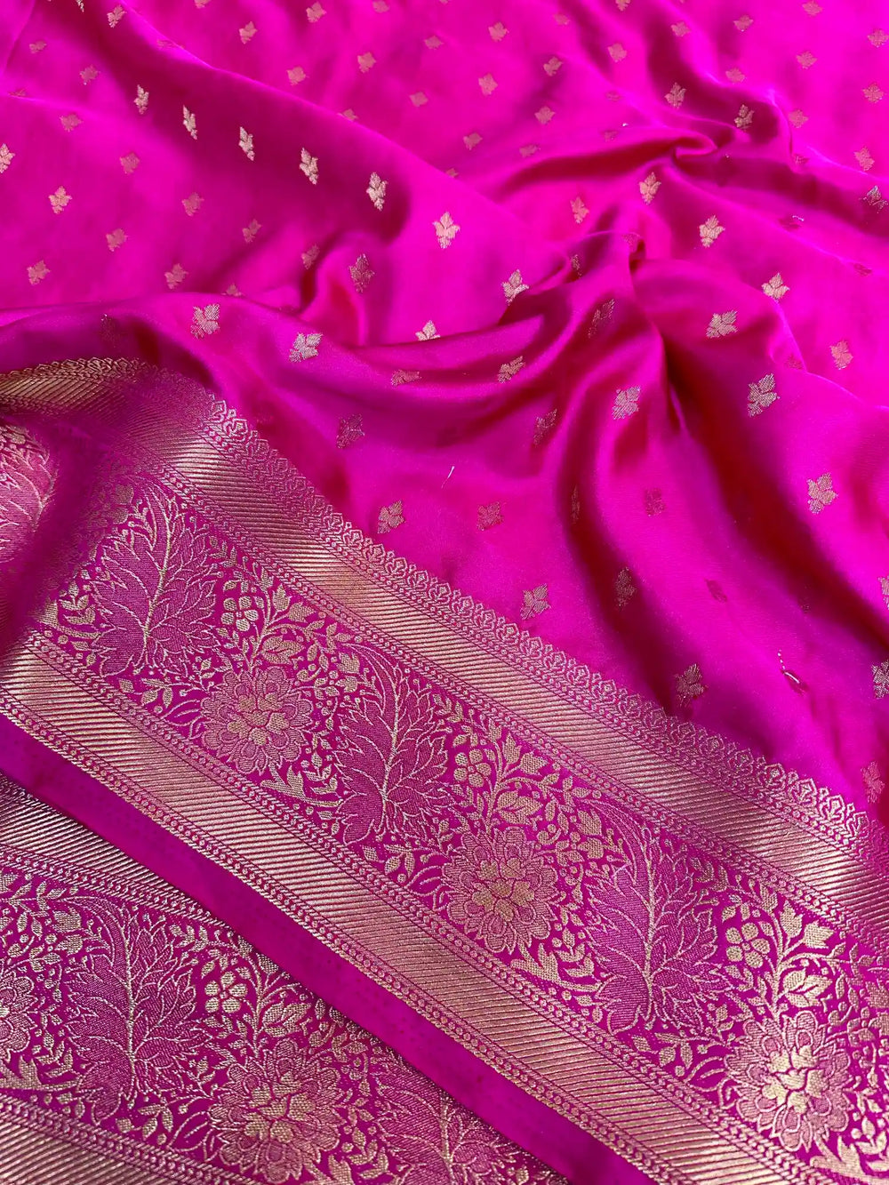 Rani Pink Satin Crepe Silk Zari Motifs Banarasi Saree