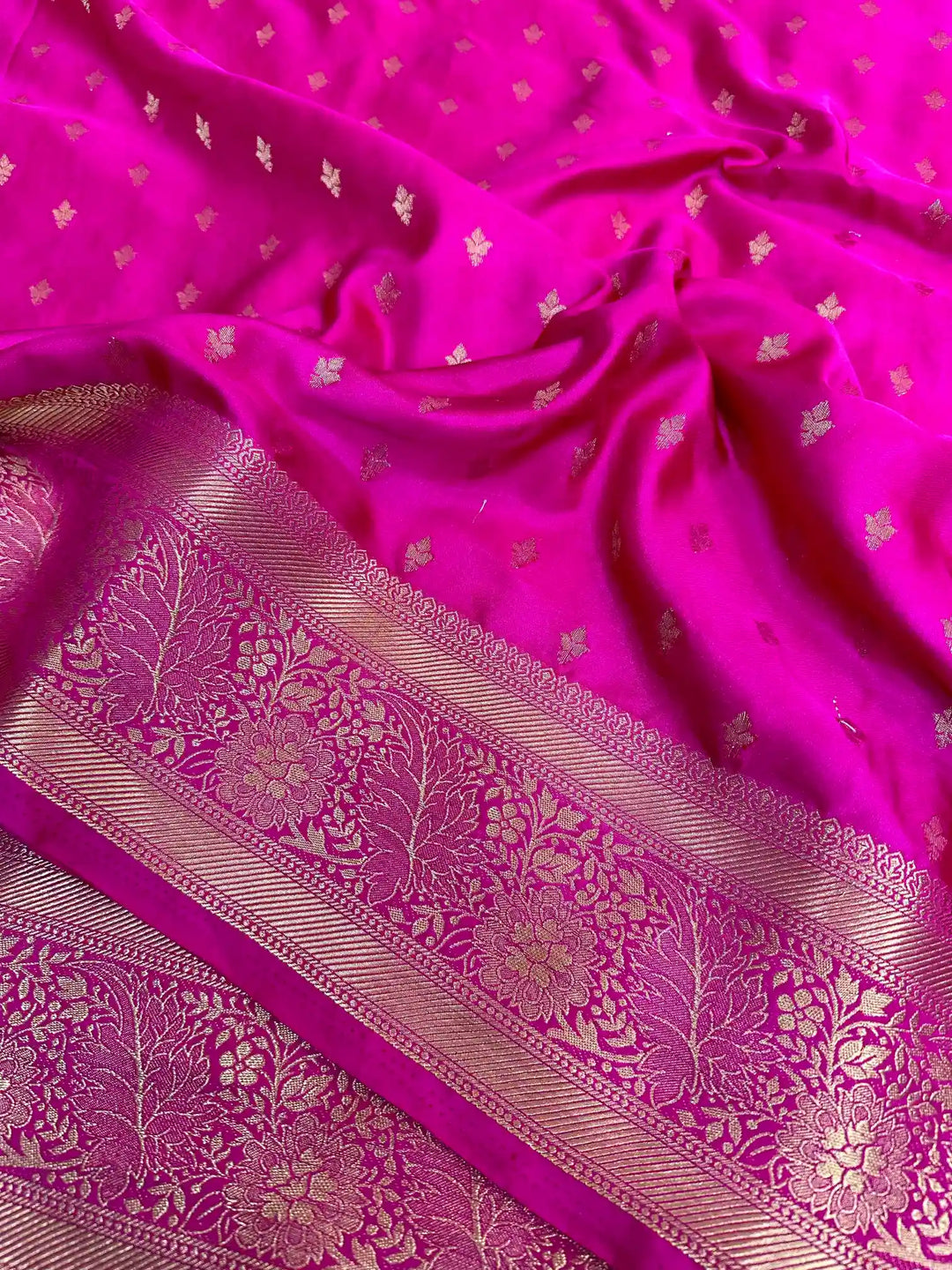 Rani Pink Satin Crepe Silk Zari Motifs Banarasi Saree