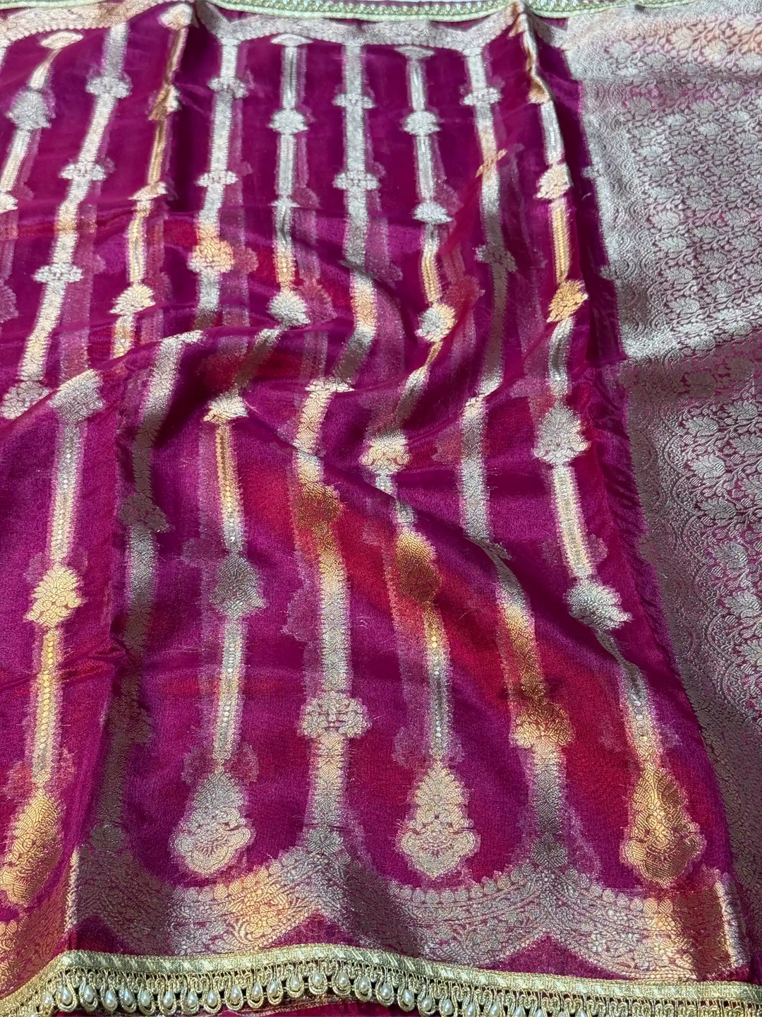 Rani Pink Soft Tissue Silk Heritage Weave Lace Work Banarasi Saree