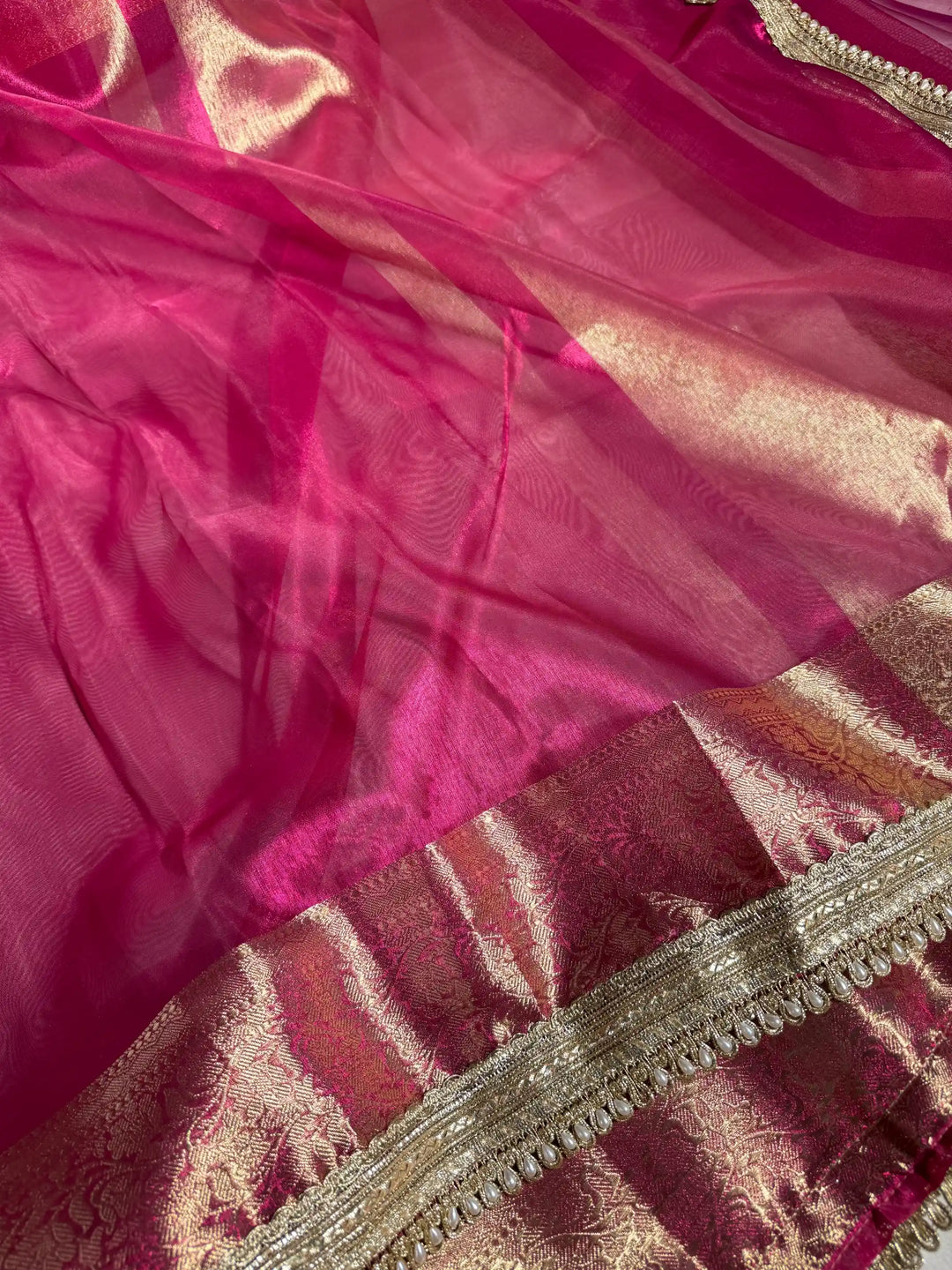 Rani Pink Tissue Silk Designer Lace Work Banarasi Saree