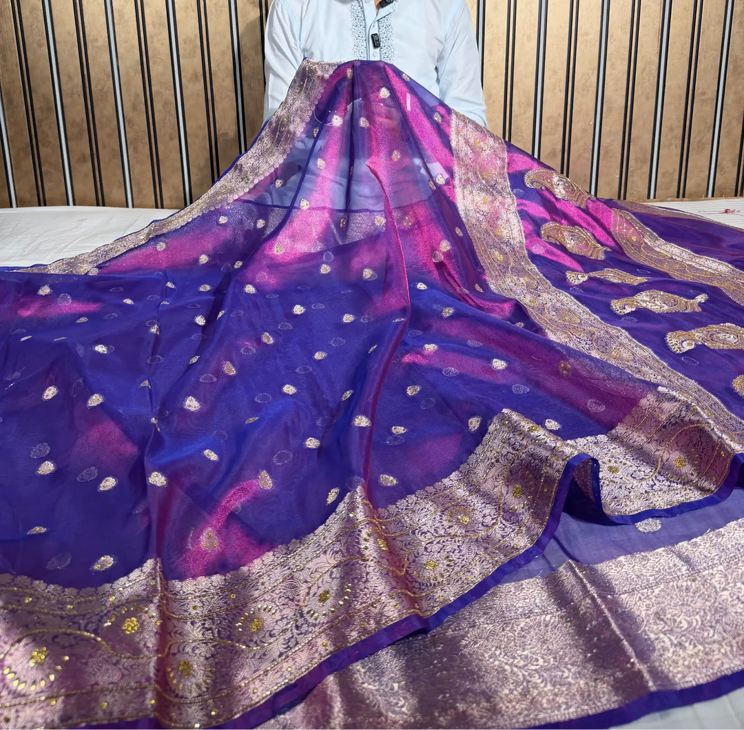 Rare Baigani Heritage Tissue Silk Handwork Banarasi Saree 