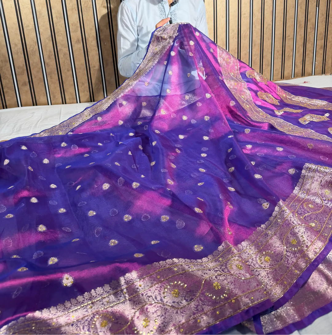 Rare Baigani Heritage Tissue Silk Handwork Banarasi Saree 