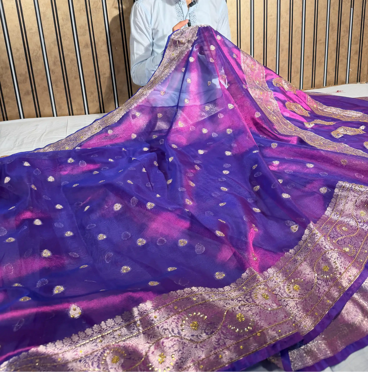 Rare Baigani Heritage Tissue Silk Handwork Banarasi Saree 