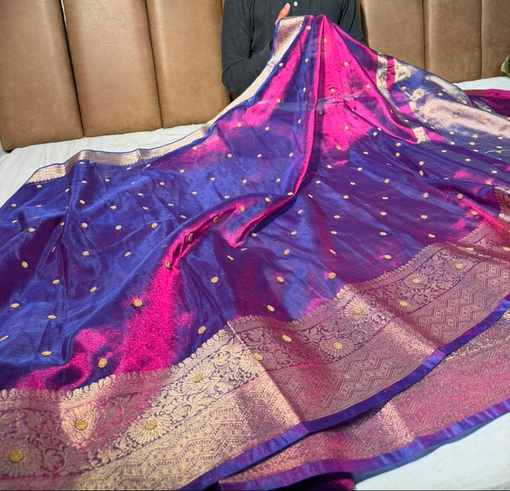 Rare Baigani Kora Tissue Handwork Motifs Saree