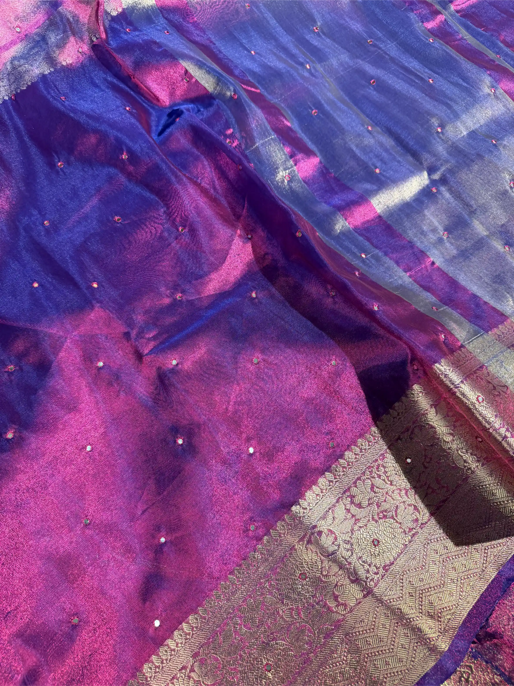 Rare Baigani Kora Tissue Silk Mirror Work Banarasi Saree