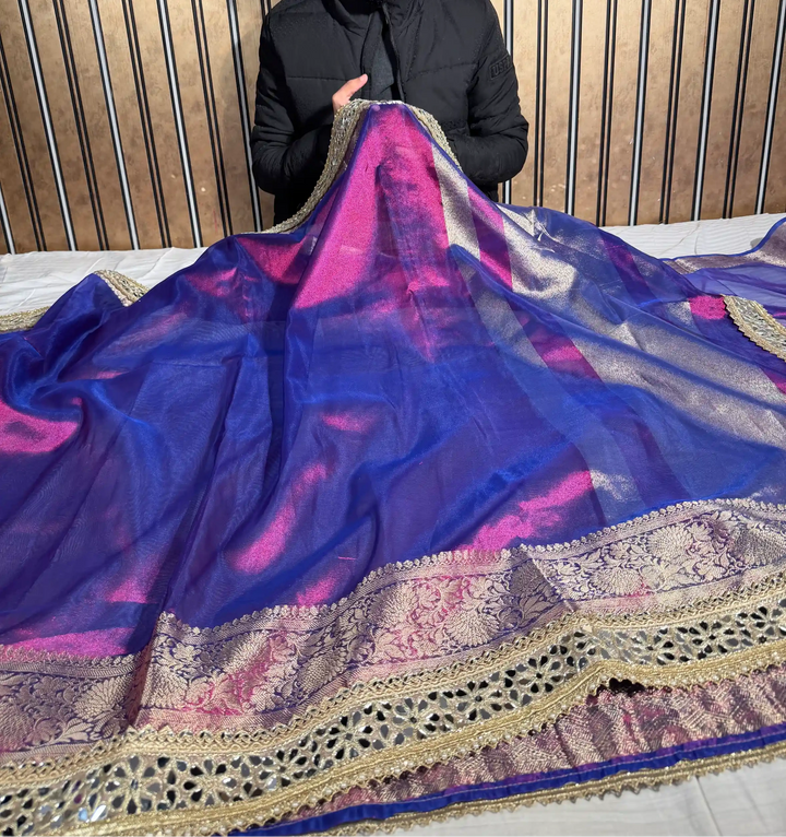 Rare Baigani Tissue Silk Mirror Work Banarasi Saree