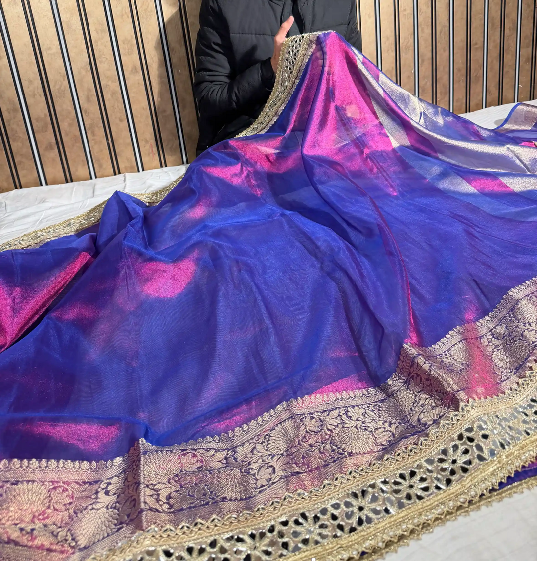 Rare Baigani Tissue Silk Mirror Work Banarasi Saree