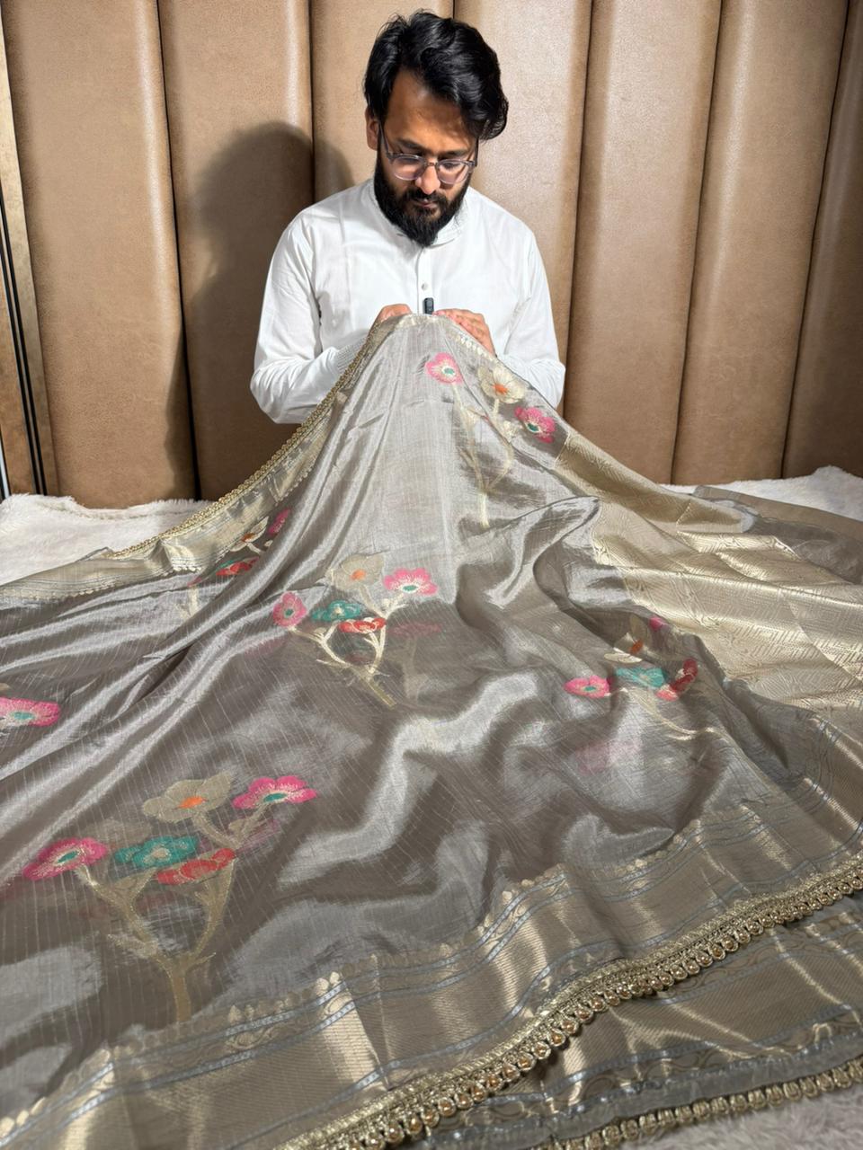 Rare Beige Dupion Silk Premium Designer Saree