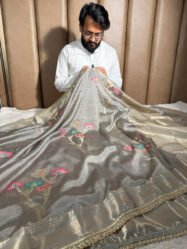 Rare Beige Dupion Silk Premium Designer Saree