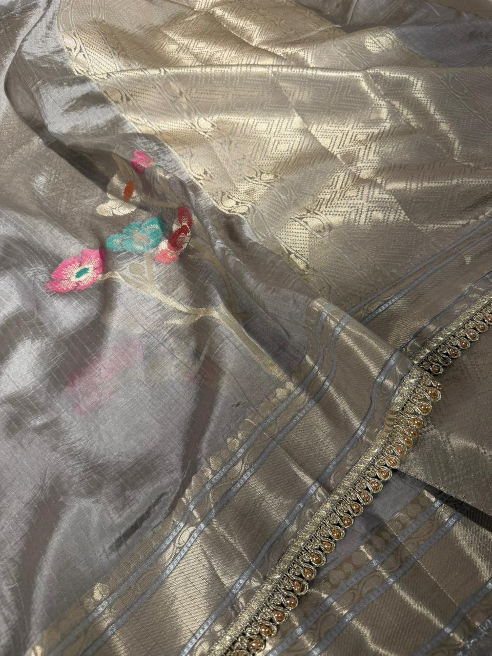 Rare Beige Dupion Silk Premium Designer Saree