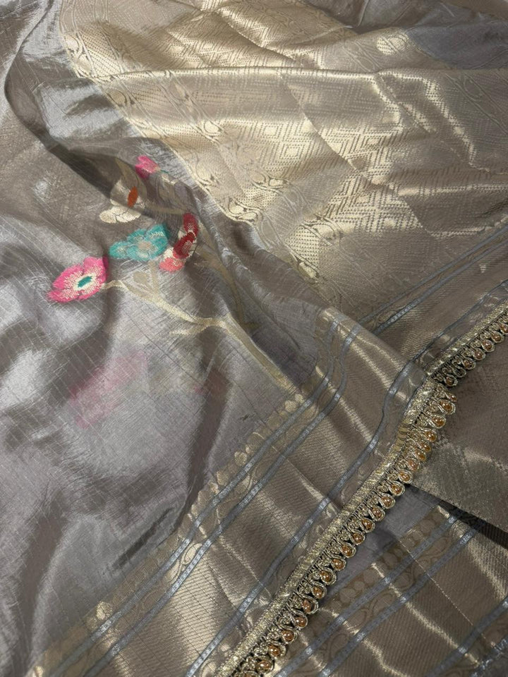 Rare Beige Dupion Silk Premium Designer Saree