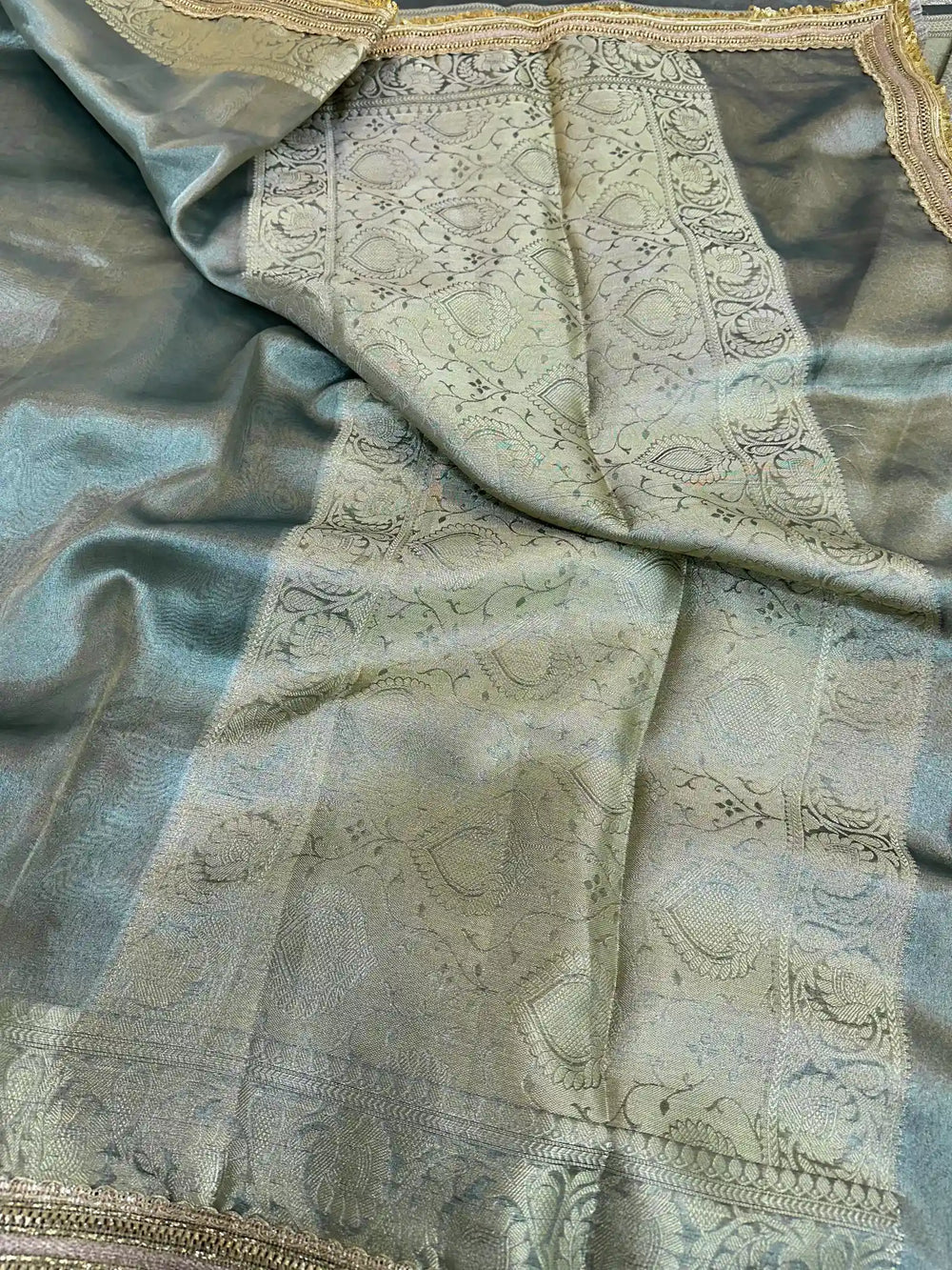 Rare Beige Soft Tissue Silk Heavy Gota Lace Attached Banarasi Saree