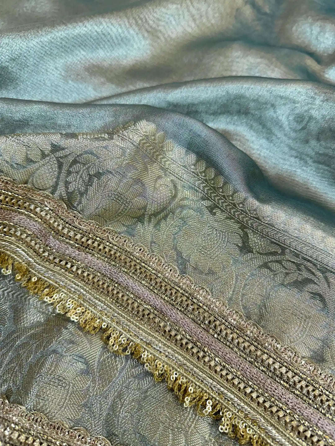 Rare Beige Soft Tissue Silk Heavy Gota Lace Attached Banarasi Saree