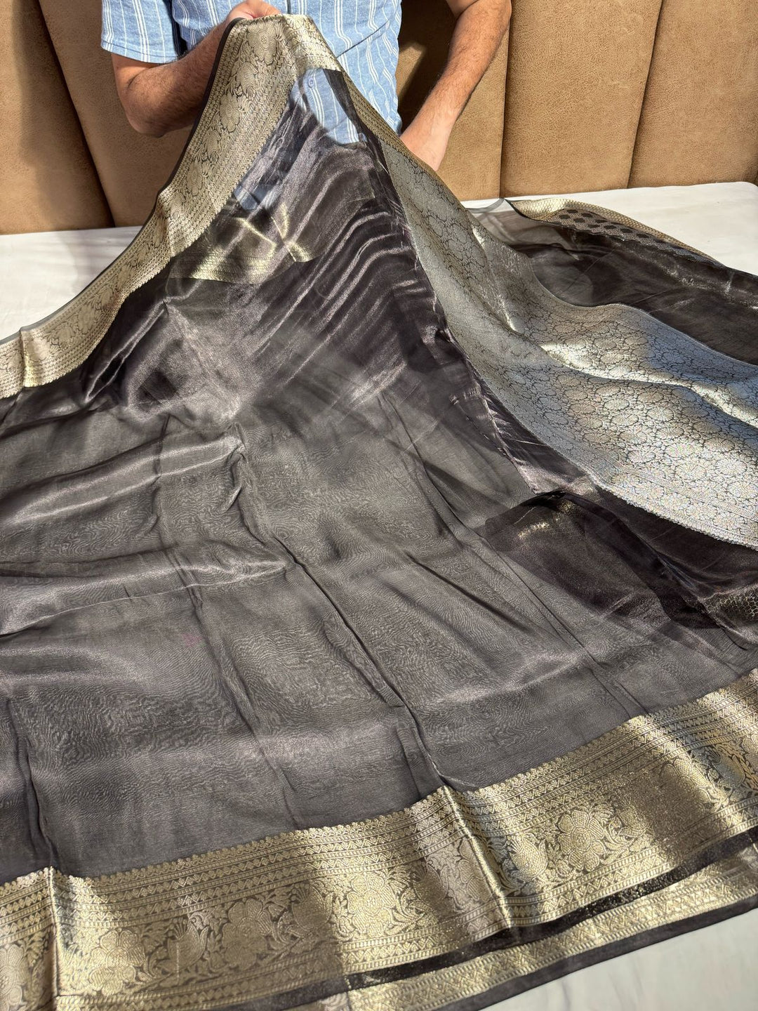 Rare Black Shade Pure Tissue Silk Saree 100% Reshmi Zari 