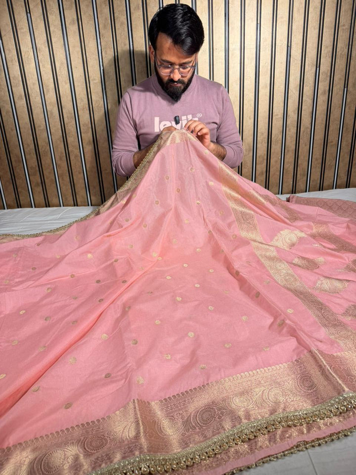 Rare Mauve Chinia Silk Premium Lace Attached Banarasi Saree