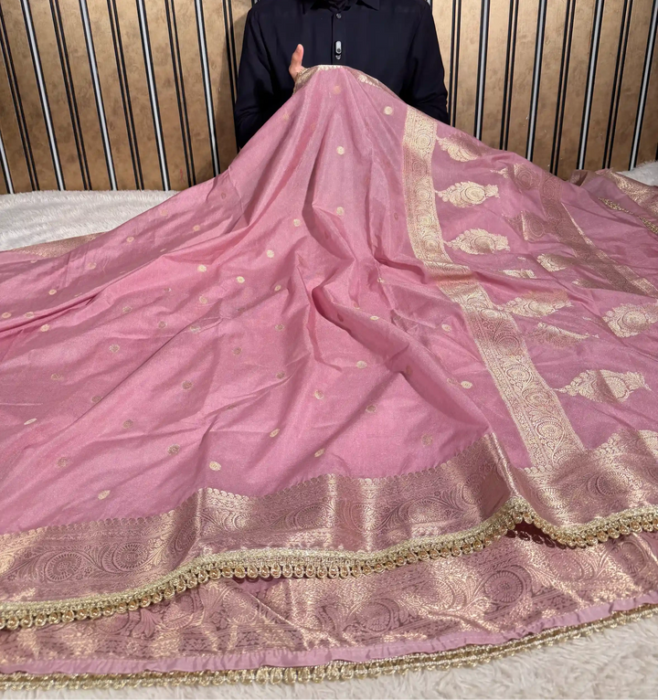 Rare Mauve Chinia Silk Premium Lace Attached Banarasi Saree