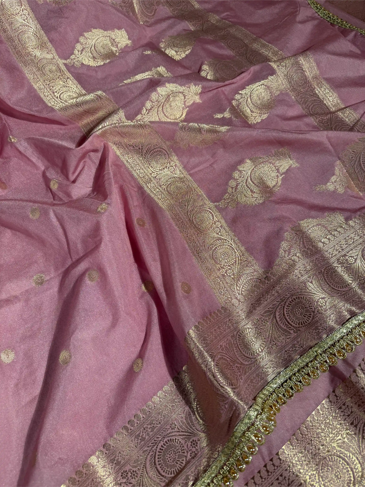 Rare Mauve Chinia Silk Premium Lace Attached Banarasi Saree