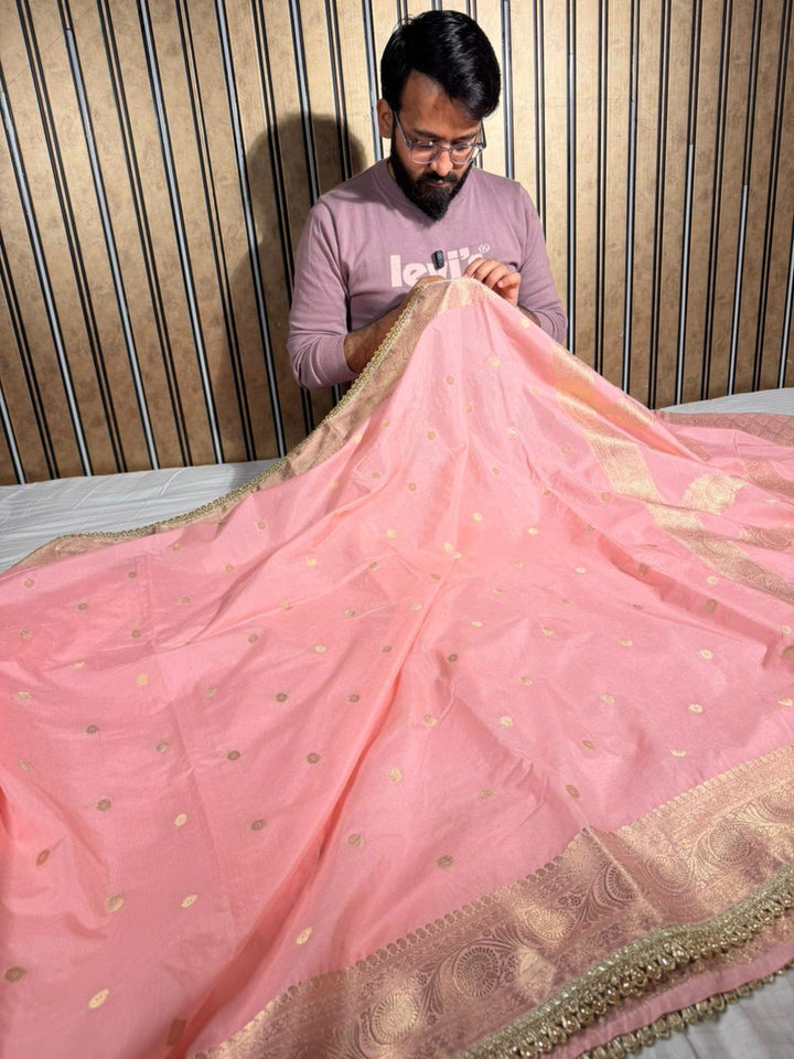 Rare Mauve Chinia Silk Premium Lace Attached Banarasi Saree